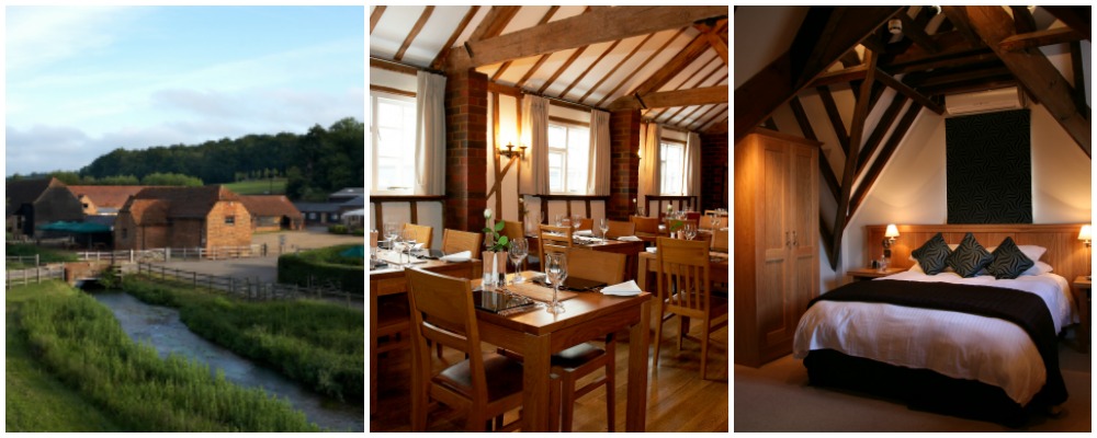 Three images of a converted farmhouse hotel