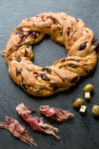 bread baking - Serrano Ham, Olives and Feta Couronne