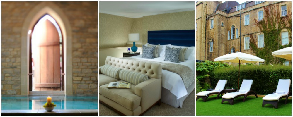 The Royal Crescent hotel, three pictures: the spa, a bedroom and outdoor loungers.