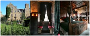 Three pictures of Castle Dornoch: outside, inside and a bedroom.