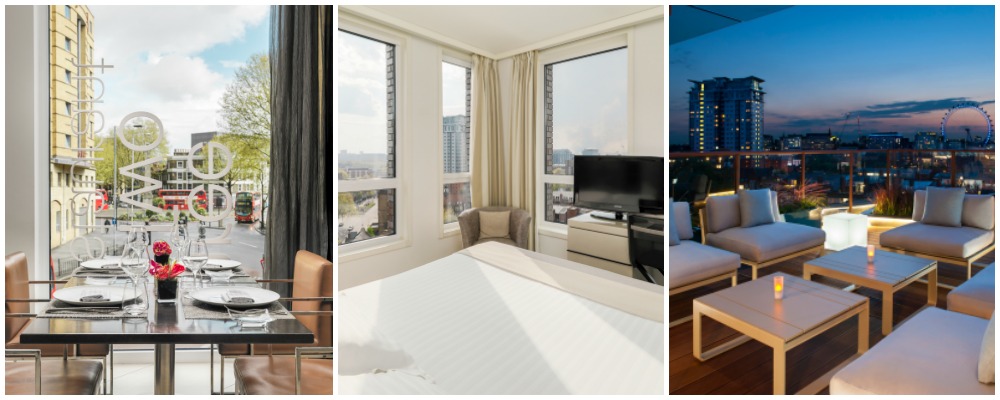 Three photos of H10 Waterloo hotel: the cafe with view over London, a bedroom and the Sky Bar with view of London skyline.