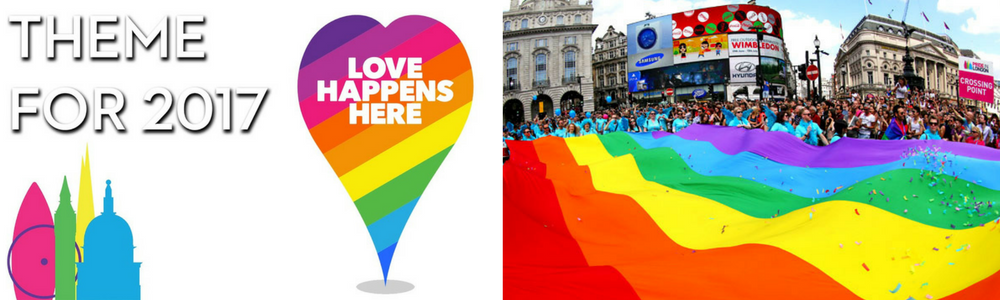 London Pride Love Happens Here and big Pride flag
