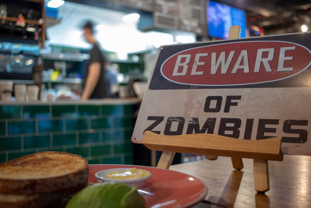 zombie infection sign in a restaurant